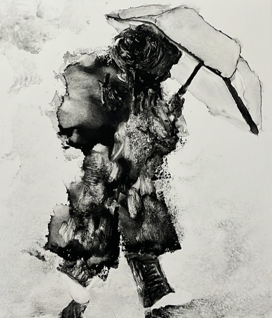 Black and white artwork of a person with an umbrella walking in snow